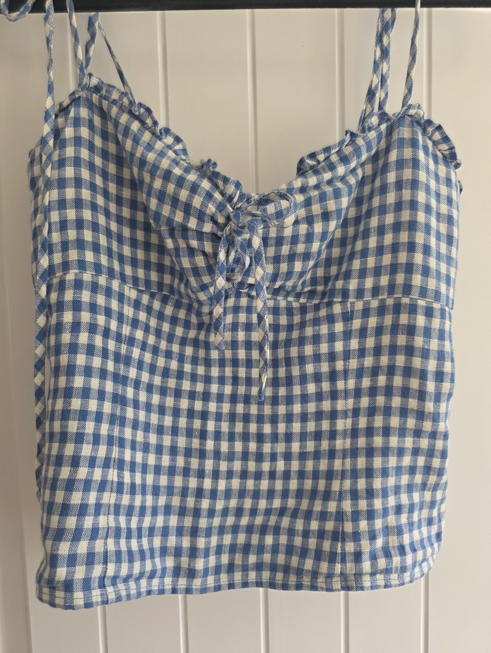 Reformation Holcomb Linen Top -Azure Blue Check Gingham Tie Strap Top Size 8 - Picture 6 of 9